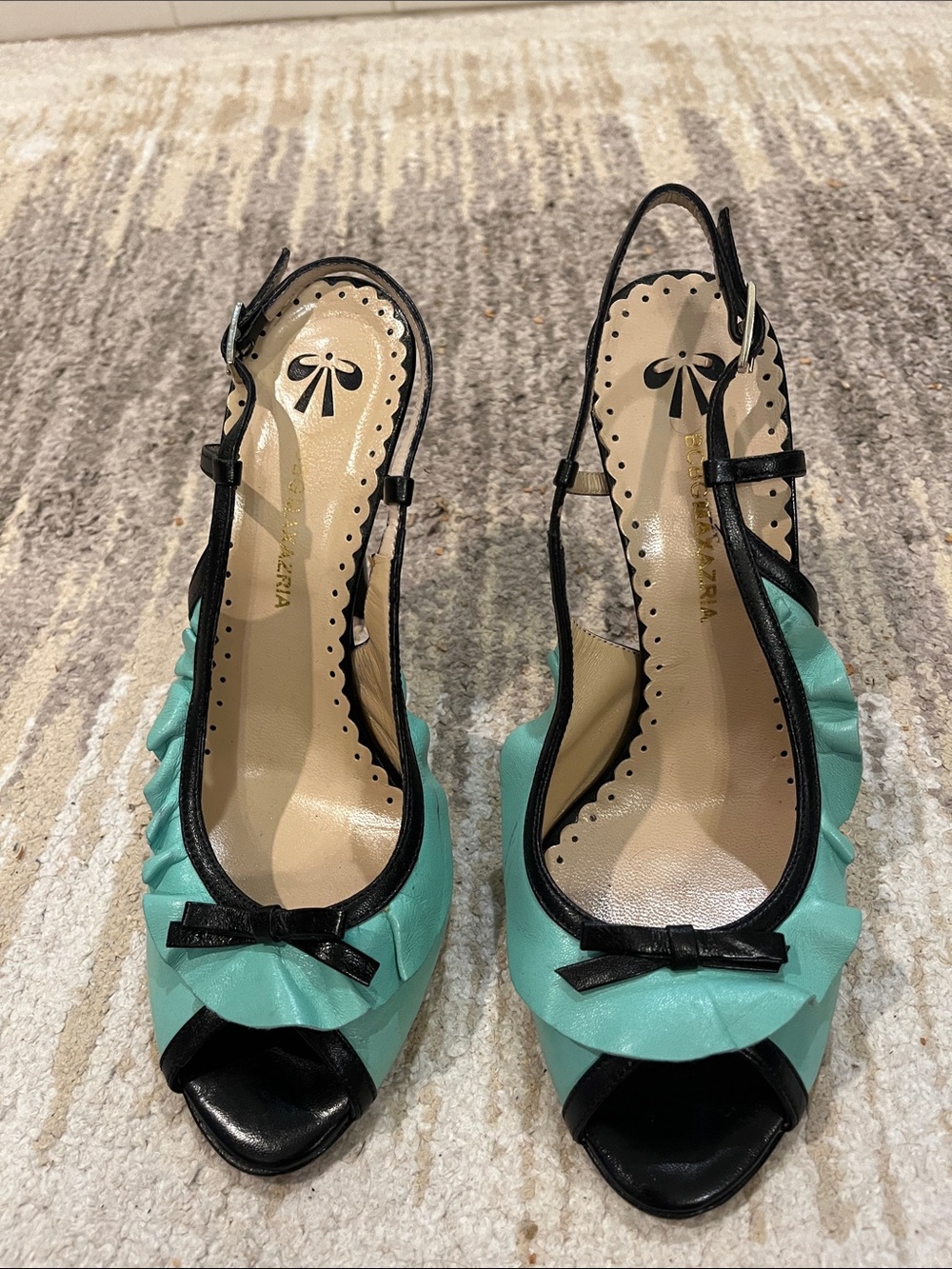 BCBGMaxAzria Aqua Ruffled Peep-Toe Slingback Heels with Black Trim